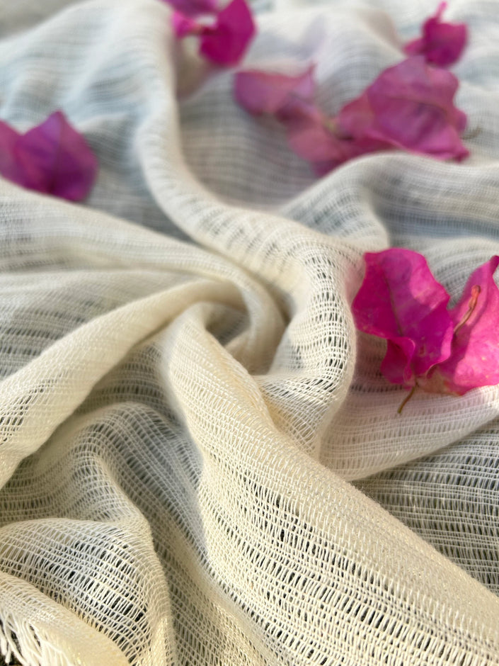 Hollow Gauze Organic Cotton Fabric,Beige White Herringbone Pattern Sheer