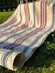 Rustic Narrow Ticking Linen With Indigo Blue Red Stripes, Vintage Linen.