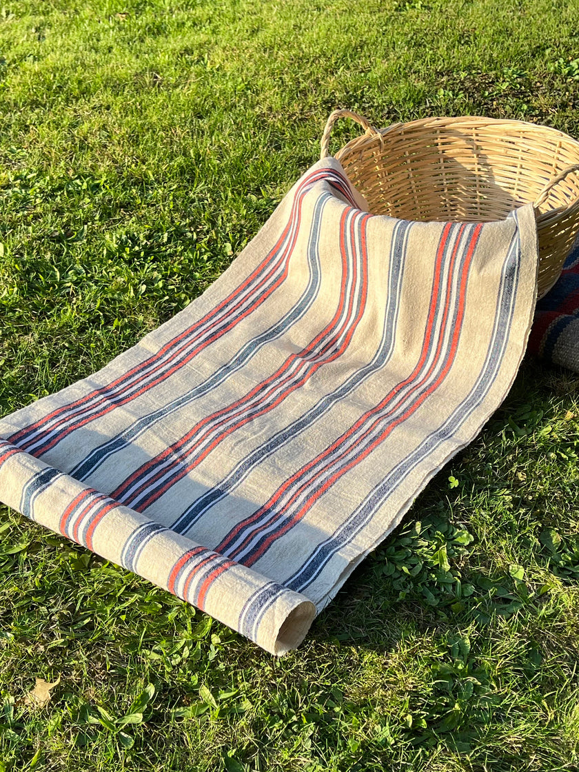 Rustic Narrow Ticking Linen With Indigo Blue Red Stripes, Vintage Linen.