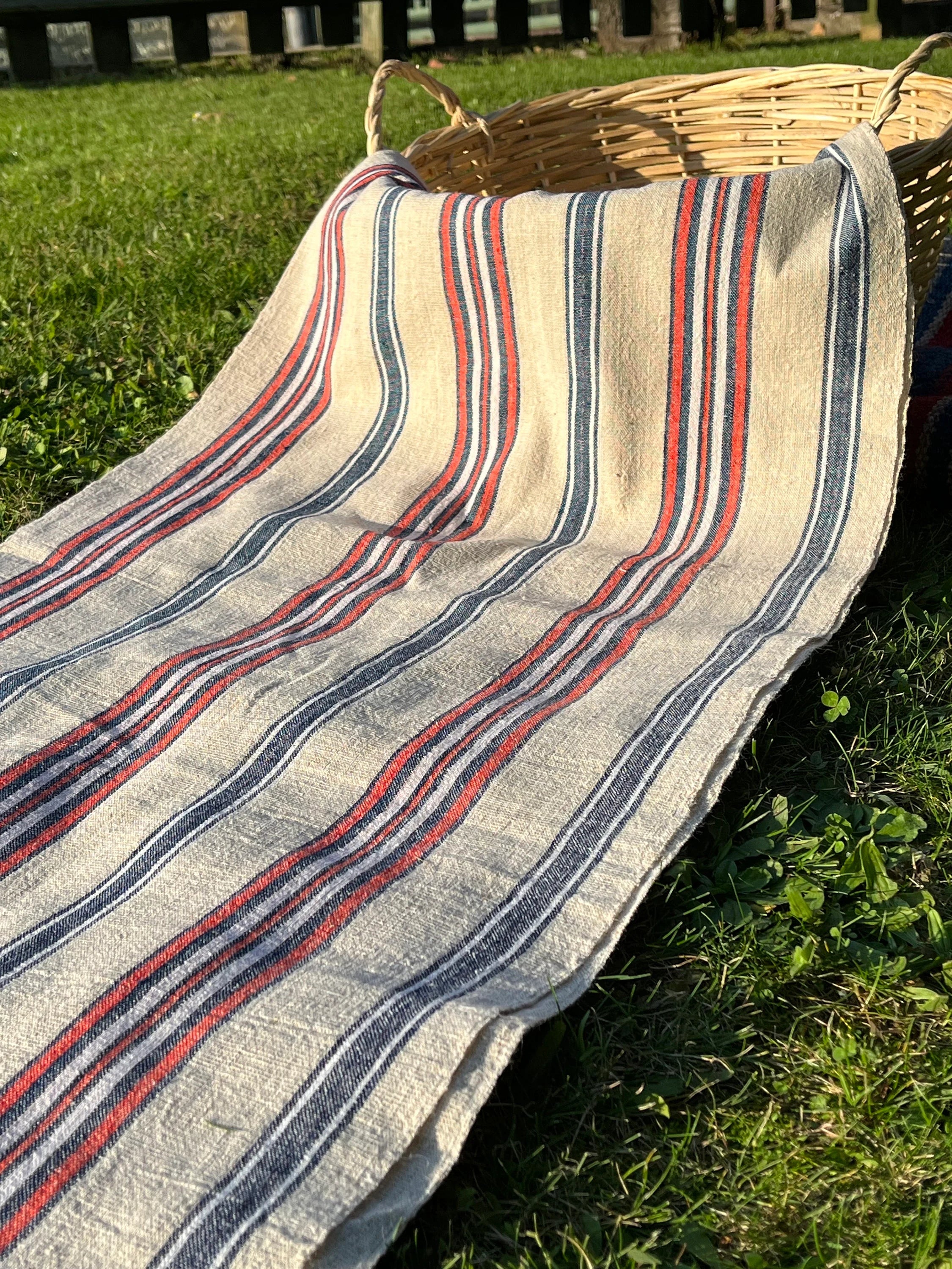 Rustic Narrow Ticking Linen With Indigo Blue Red Stripes, Vintage Linen.