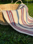 Rustic Narrow Ticking Linen With Indigo Blue Red Stripes, Vintage Linen.