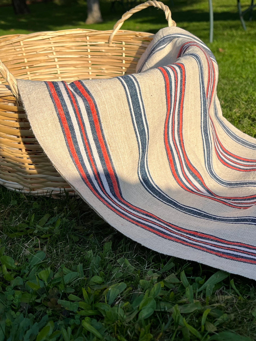 Rustic Narrow Ticking Linen With Indigo Blue Red Stripes, Vintage Linen.
