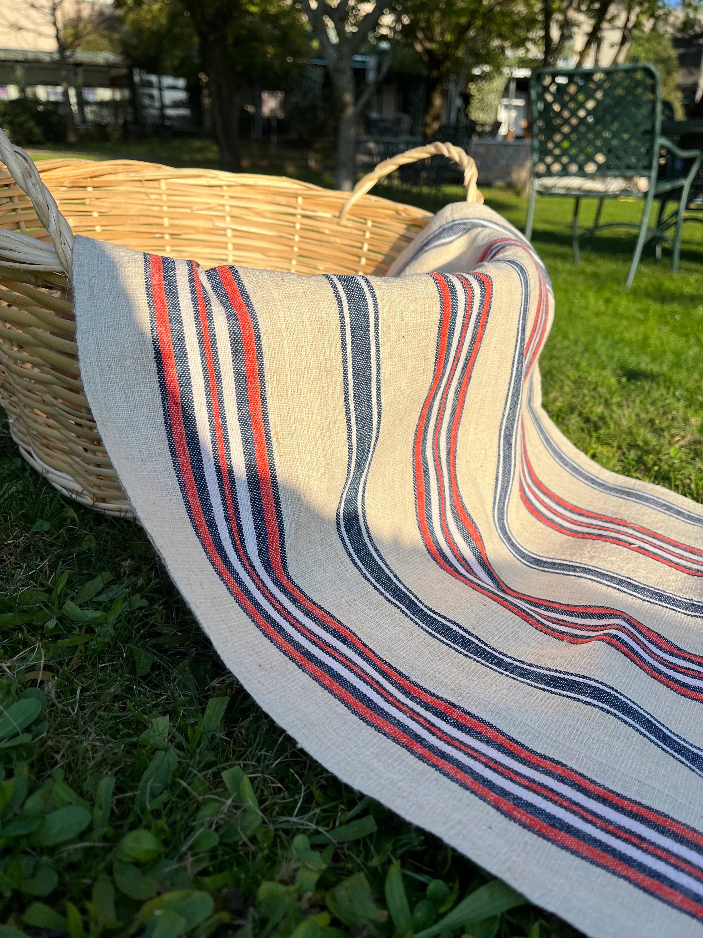Rustic Narrow Ticking Linen With Indigo Blue Red Stripes, Vintage Linen.