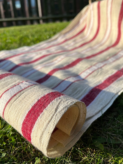 Rustic Narrow Ticking Linen With Red White Stripes, Vintage Linen.