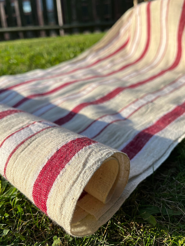 Rustic Narrow Ticking Linen With Red White Stripes, Vintage Linen.