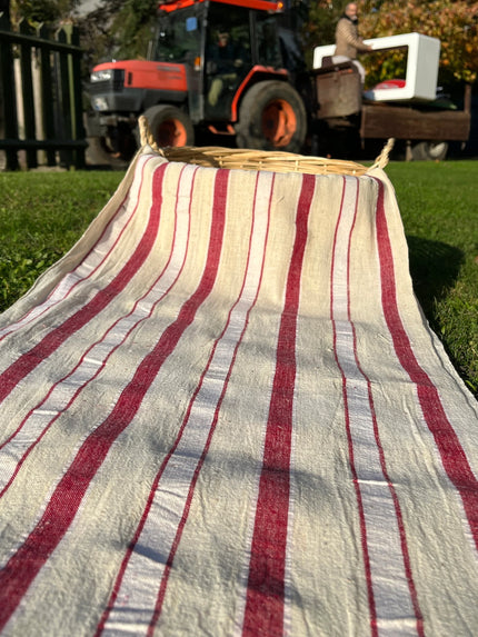 Rustic Narrow Ticking Linen With Red White Stripes, Vintage Linen.