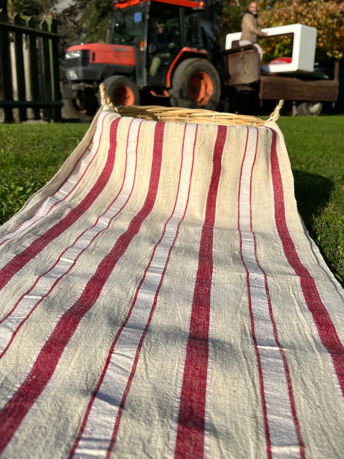 Rustic Narrow Ticking Linen With Red White Stripes, Vintage Linen.