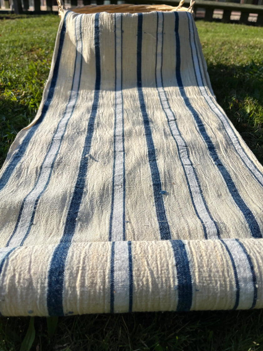 Rustic Narrow Ticking Linen With Indigo Blue White Stripes, Vintage Linen.