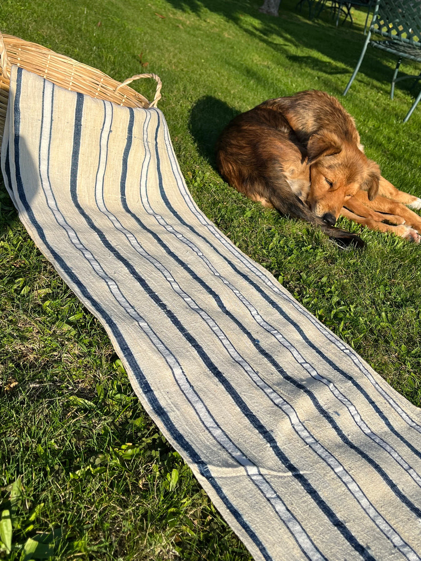 Rustic Narrow Ticking Linen With Indigo Blue White Stripes, Vintage Linen.
