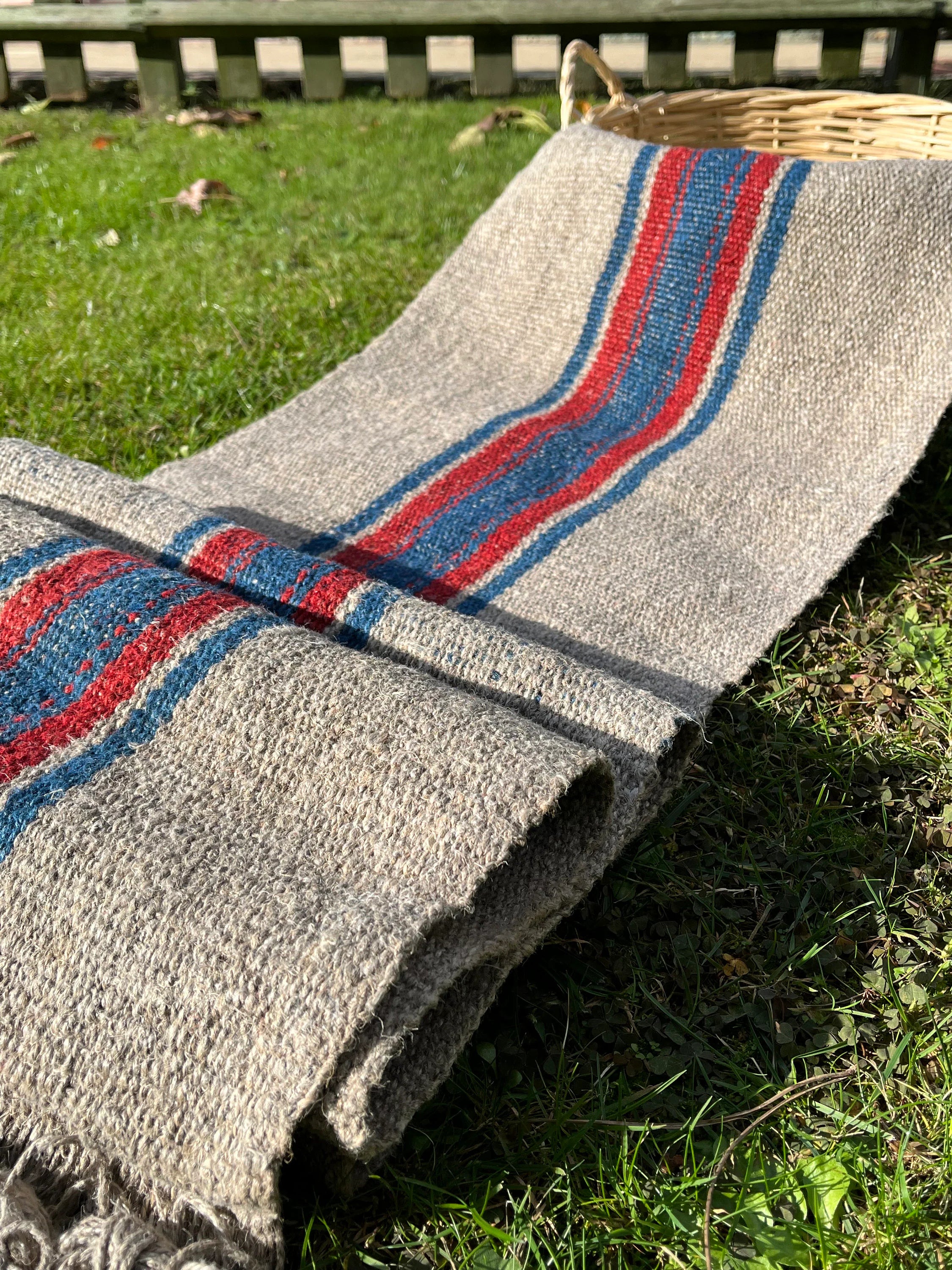 Antique Hemp Fabric, Rustic Hand Knitted Fabric With Stripes.