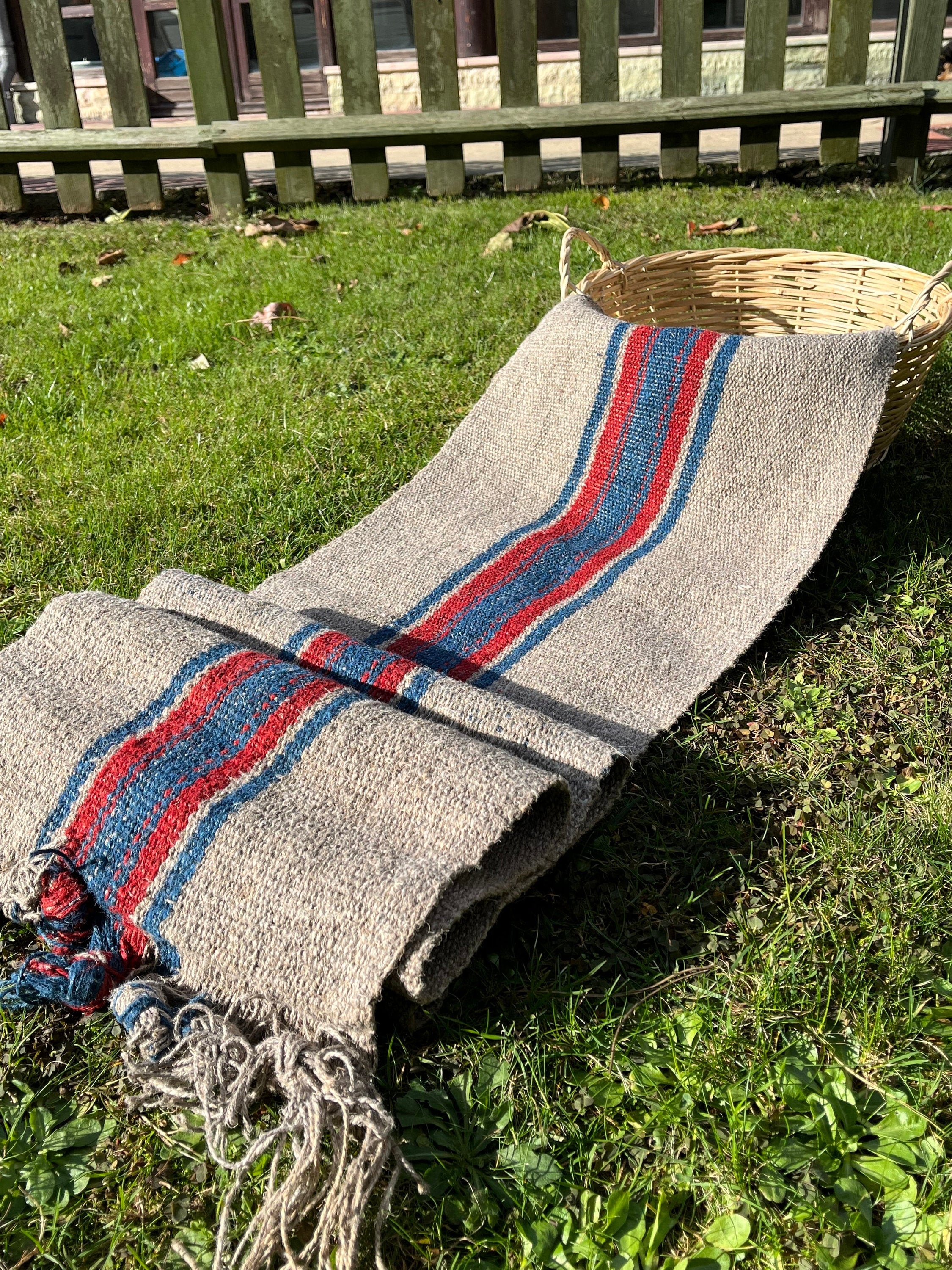 Antique Hemp Fabric, Rustic Hand Knitted Fabric With Stripes.