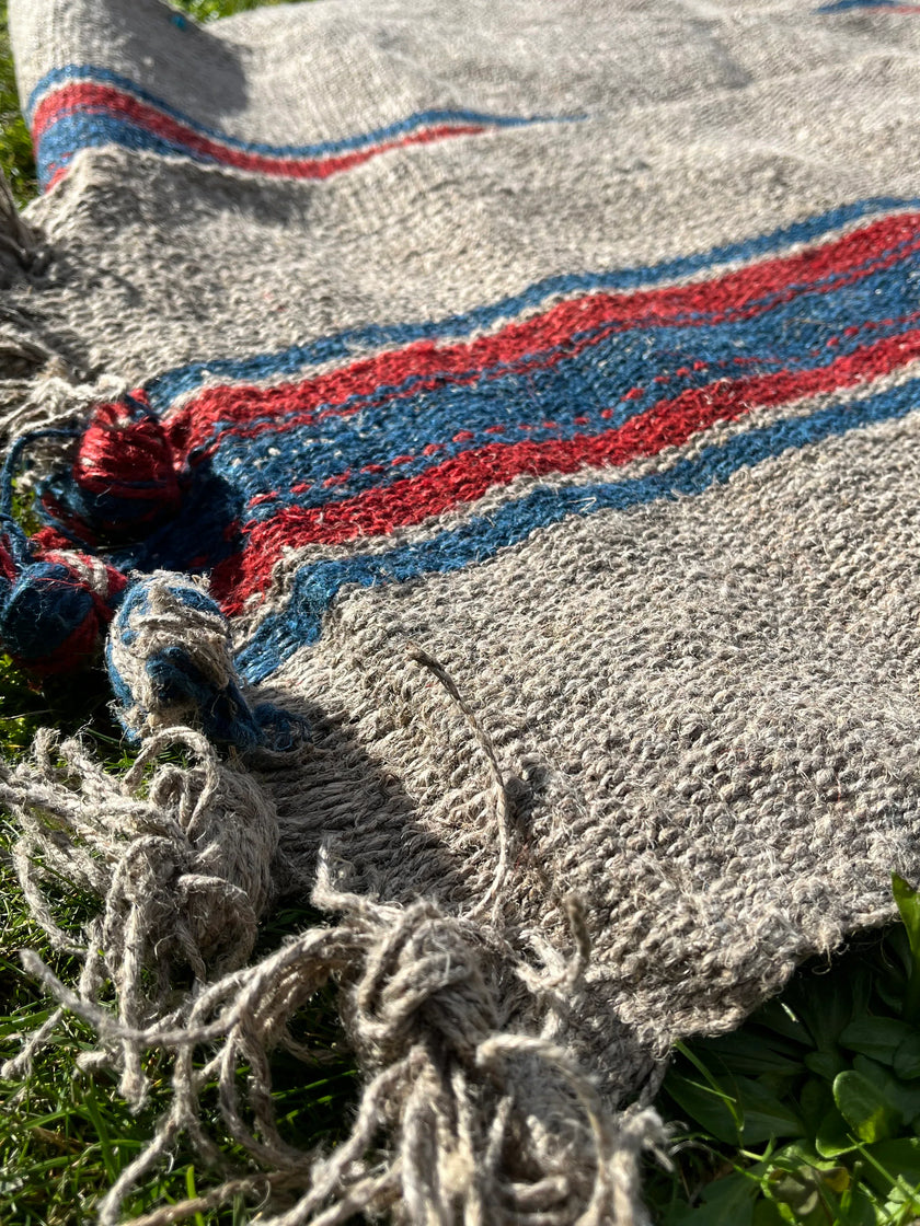 Antique Hemp Fabric, Rustic Hand Knitted Fabric With Stripes.