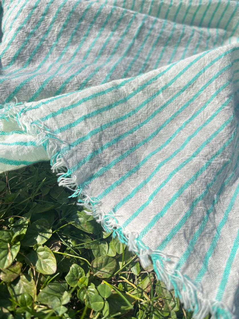 Mint Green Striped Neutral Organic Cotton Fabric By The Meter.