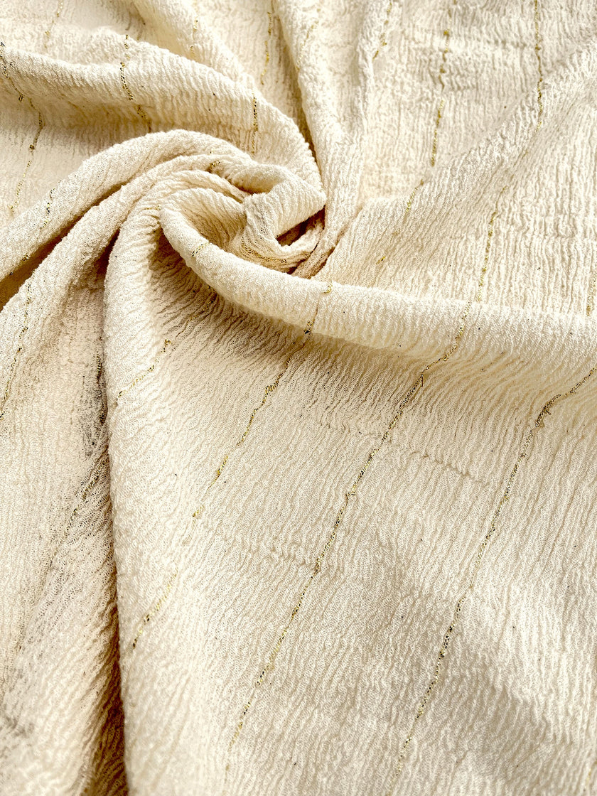Neutral Stretchy Crinkle Cotton Fabric, Textured Surface, Off White Handwoven Cotton With Glitter Stripes.