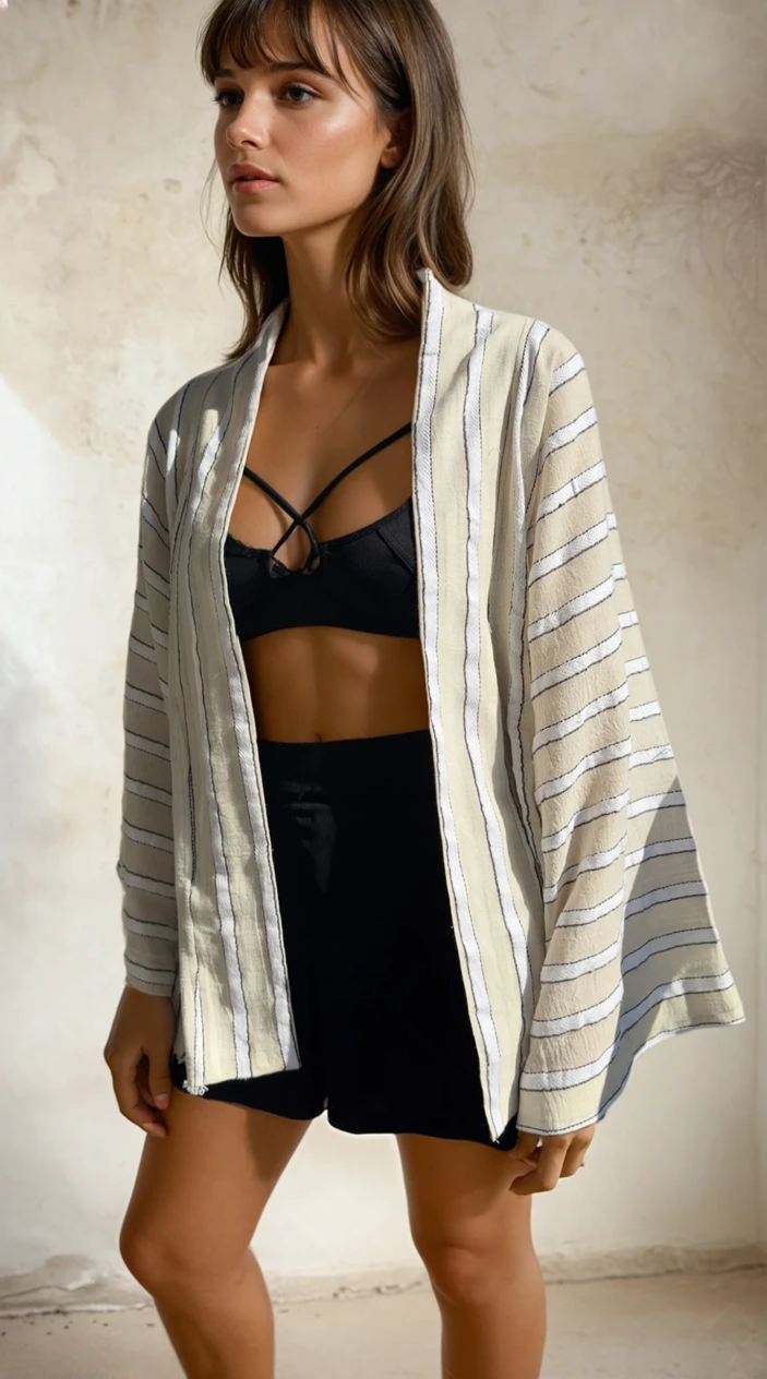Herringbone Striped Neutral Organic Cotton Double Face Fabric By The Meter.